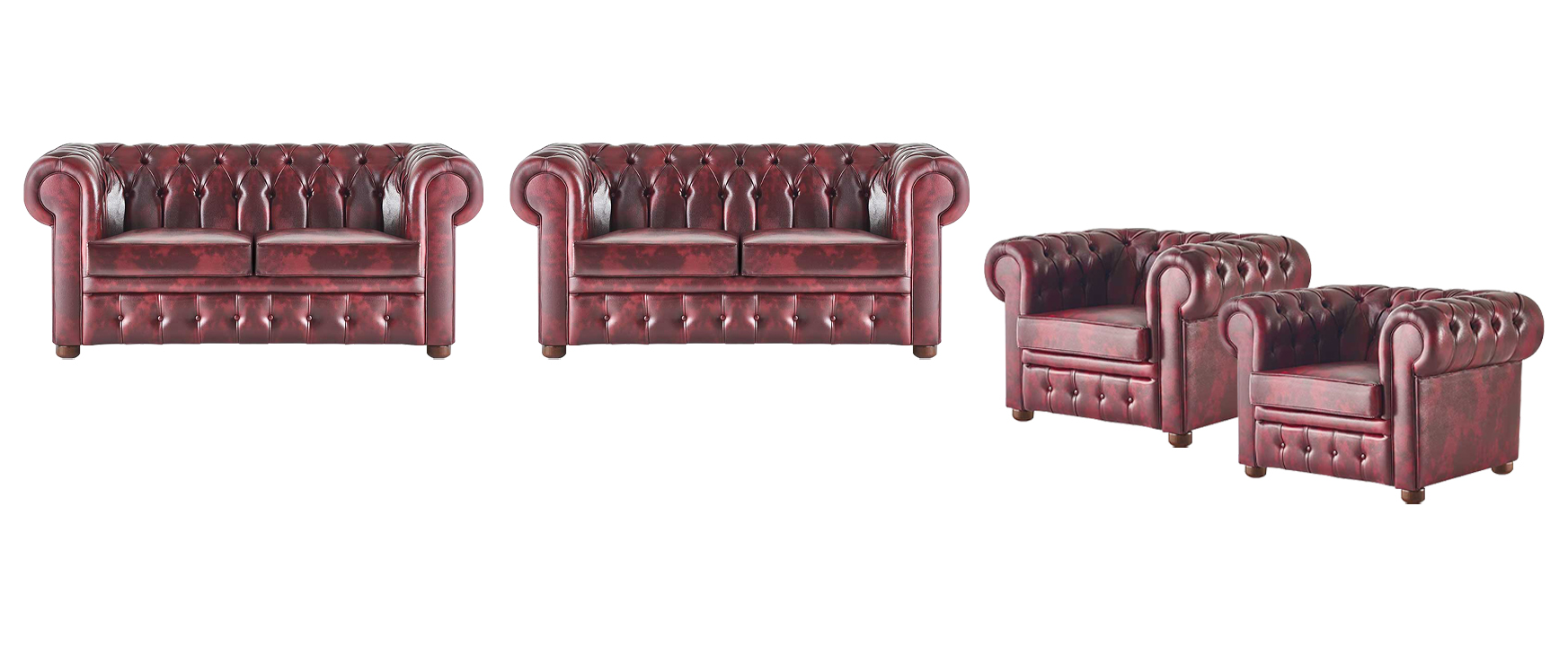 Couch Sofa-Set Leder 2-Sitzer Sessel Bordeaux Chesterfield Klassisch Holz 4tlg.