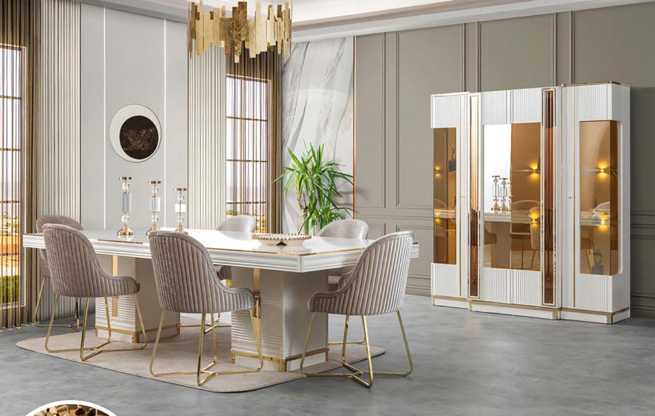 Esstisch Stühle Vitrine Weiß Essgarnitur Essgruppe Esszimmer 8tlg. Set