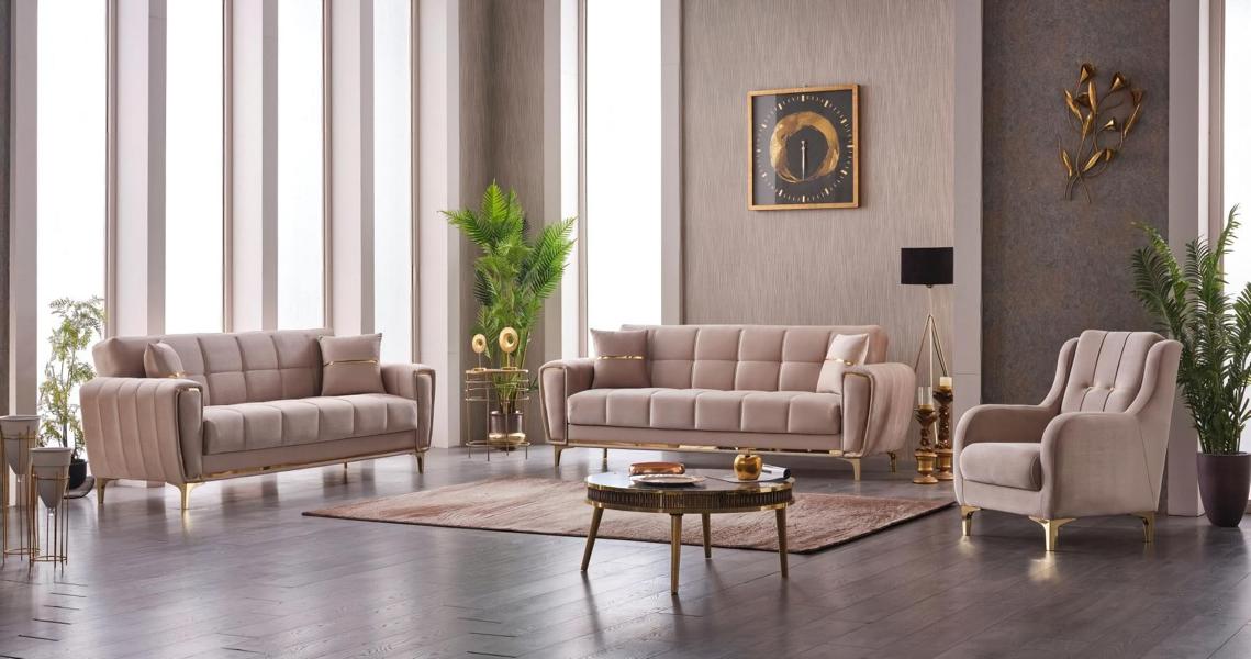 Komplette Couchgarnitur Dreisitzer Sessel Beige 3tlg Stoffsofa Couchen