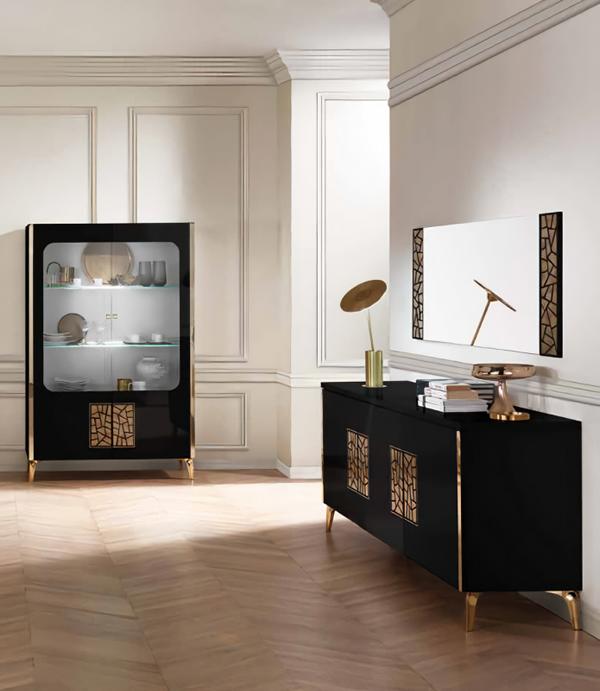 Esszimmer Set 4tlg Modern Holzmöbel Esstisch Vitrine Sideboard mit Spiegel Neu