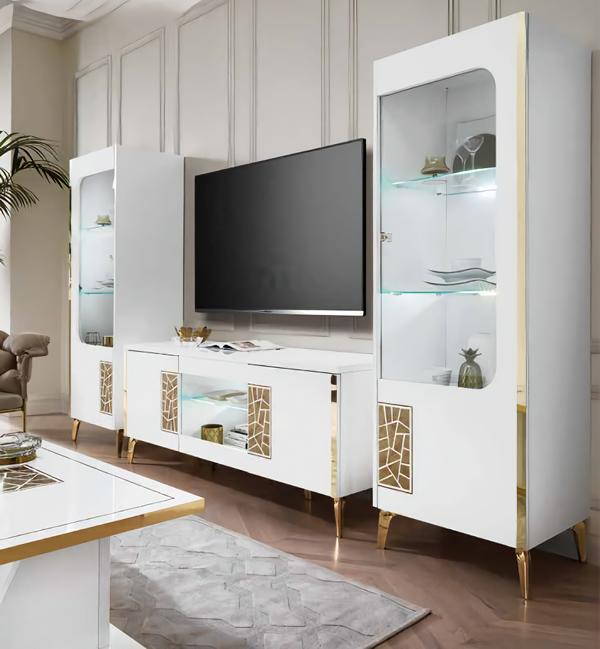 Vitrine Wohnwand Modern Schrankwand Schränke Luxus Schrank LED RTV TV Weiß Neu