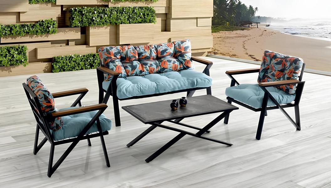 Sitzgruppe Sitzgruppe Sitzer Blau Couchtisch Set 3tlg Sofa Gartenmöbel