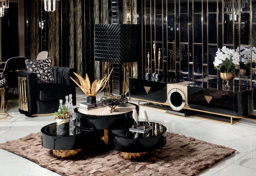 Wohnzimmer Set 5tlg Sessel Couchtisch Sideboard mit Spiegel Vitrine Luxus Holz
