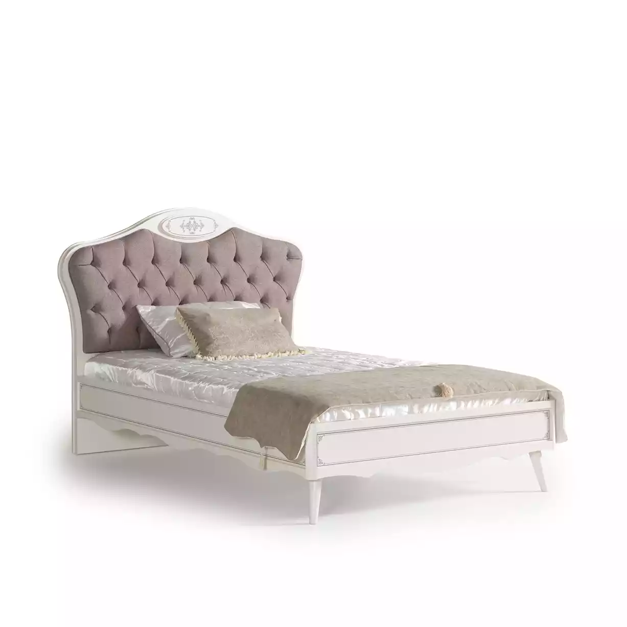 Chesterfield Bett 100 cm Bettrahmen Stoff Luxus Grau Jugendbett Holz