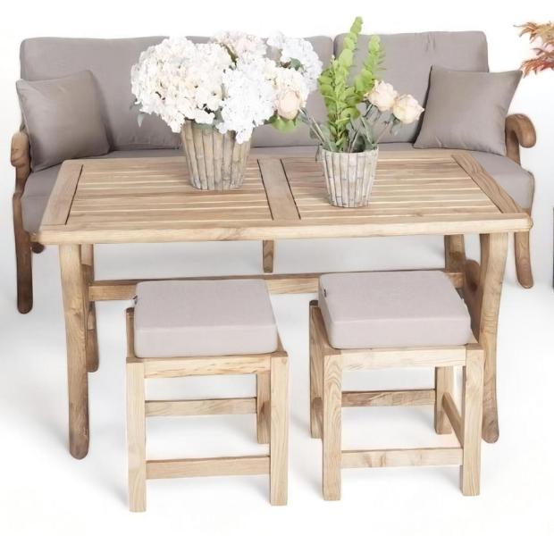 Stilvolle Set Gartenmöbel Sofa 3 Sitzer Sitzgruppen 2x Hocker Holz Esstisch