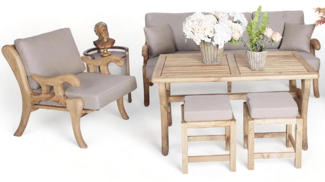 Designer Set 5tlg Sofagarnitur 3+1 Sitzer Gartenmöbel Esstisch 2x Hocker