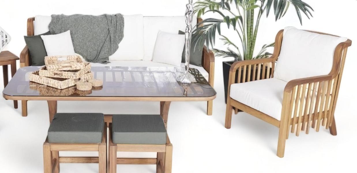 Luxuriöse Gartenmöbel Set Sitzgruppe 3+1 Holz Gartenhocker Tisch Möbel