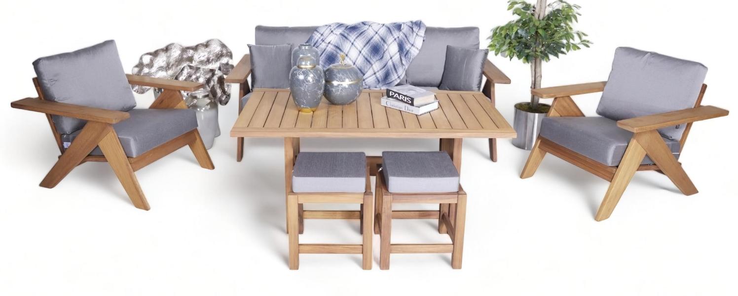 Gartenmöbel Set 6tlg Sitzgruppen 3+1+1 Sitzer Designer Esstisch Holz 2x Hocker