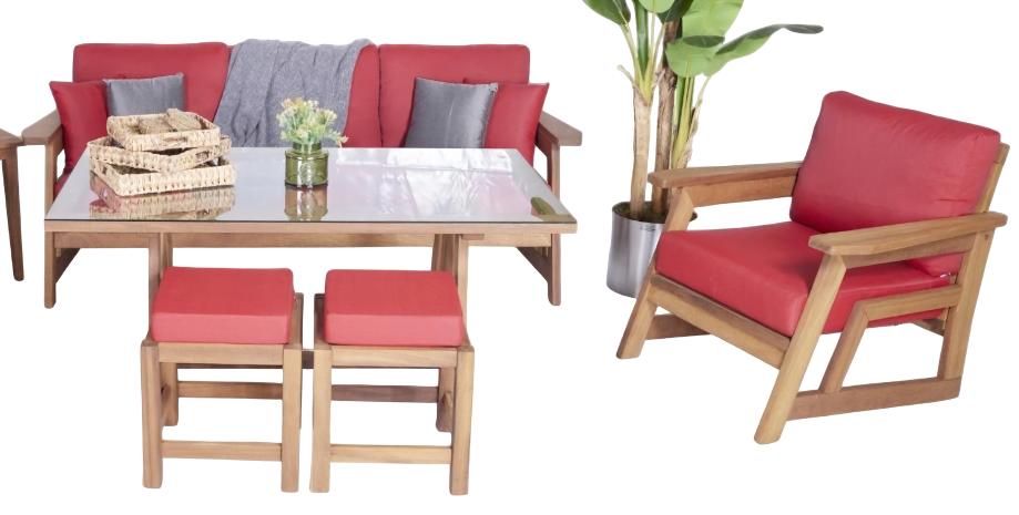 Designer Gartenmöbel Set 5tlg Sofagarnitur Esstisch Holz Möbel 2x Hocker