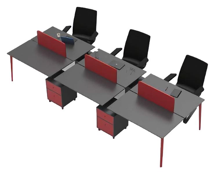 Workstation Schreibtisch 6-Sitzer Tischpult Holz Grau-Rot Büromöbel
