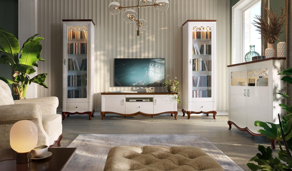 Komplett Wohnzimmer TV-Lowboard mit 2x Vitrine Holzmöbel Wohnwand 3tlg Set