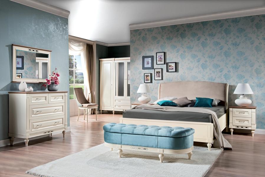 Stilvoller Schlafzimmer Komplett Set Bett mit 2x Nachttische Holz Kommode 6tlg