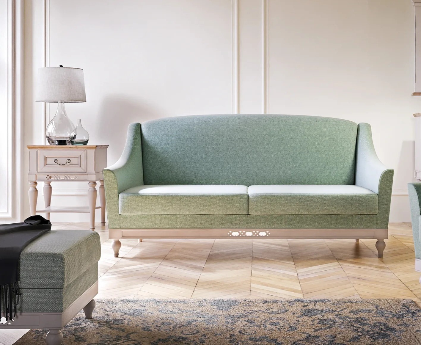 Stilvoller Sofa 3 Sitzer Holzmöbel Beistelltisch Komplett Wohnzimmer Set