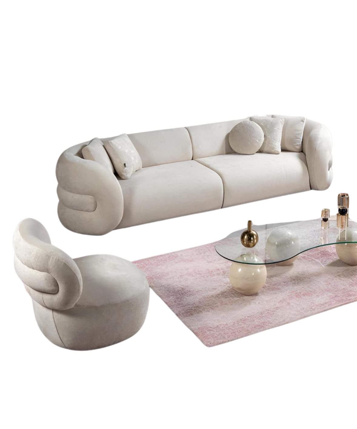 Design Wohnzimmer Sofagarnitur 4-Sitzer Stoff Sessel Beige Polster Sofas