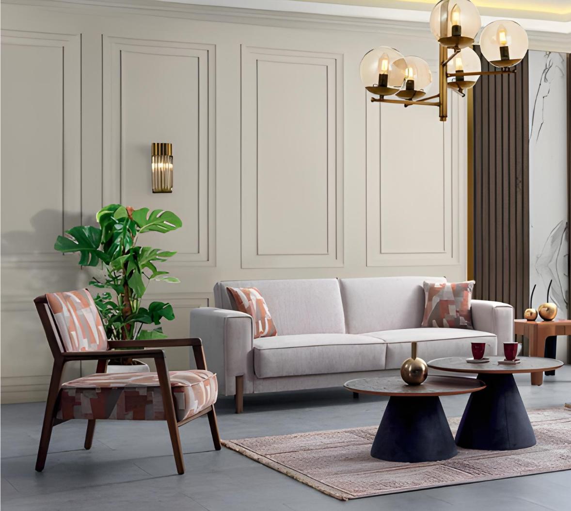 Exklusive Wohnzimmer Set Textil Beige 3-Sitzer Sofas und Sessel 2tlg