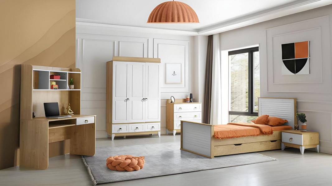 Modernes 5tlg Set mit Bett Nachttisch Kommode Kleiderschrank Schreibtisch