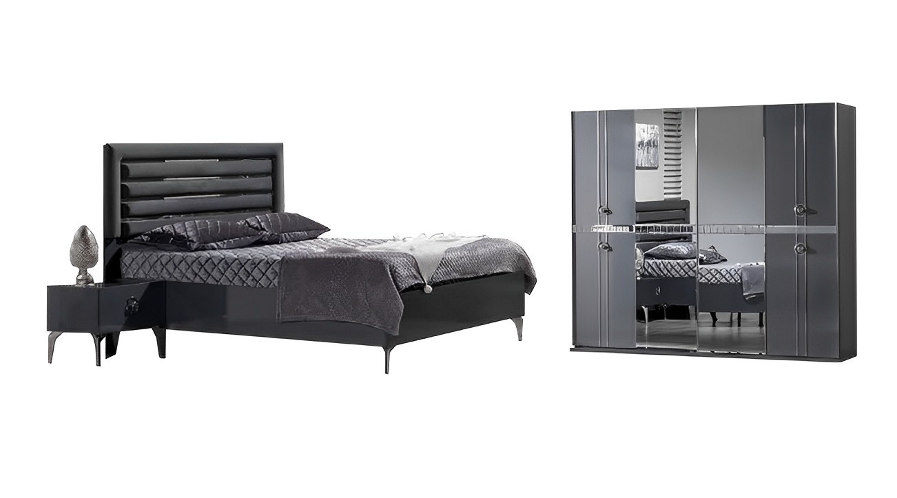 Schlafzimmer Set Bett 2x Nachttische Schrank Luxus Moderne Möbel 4tlg Schwarz