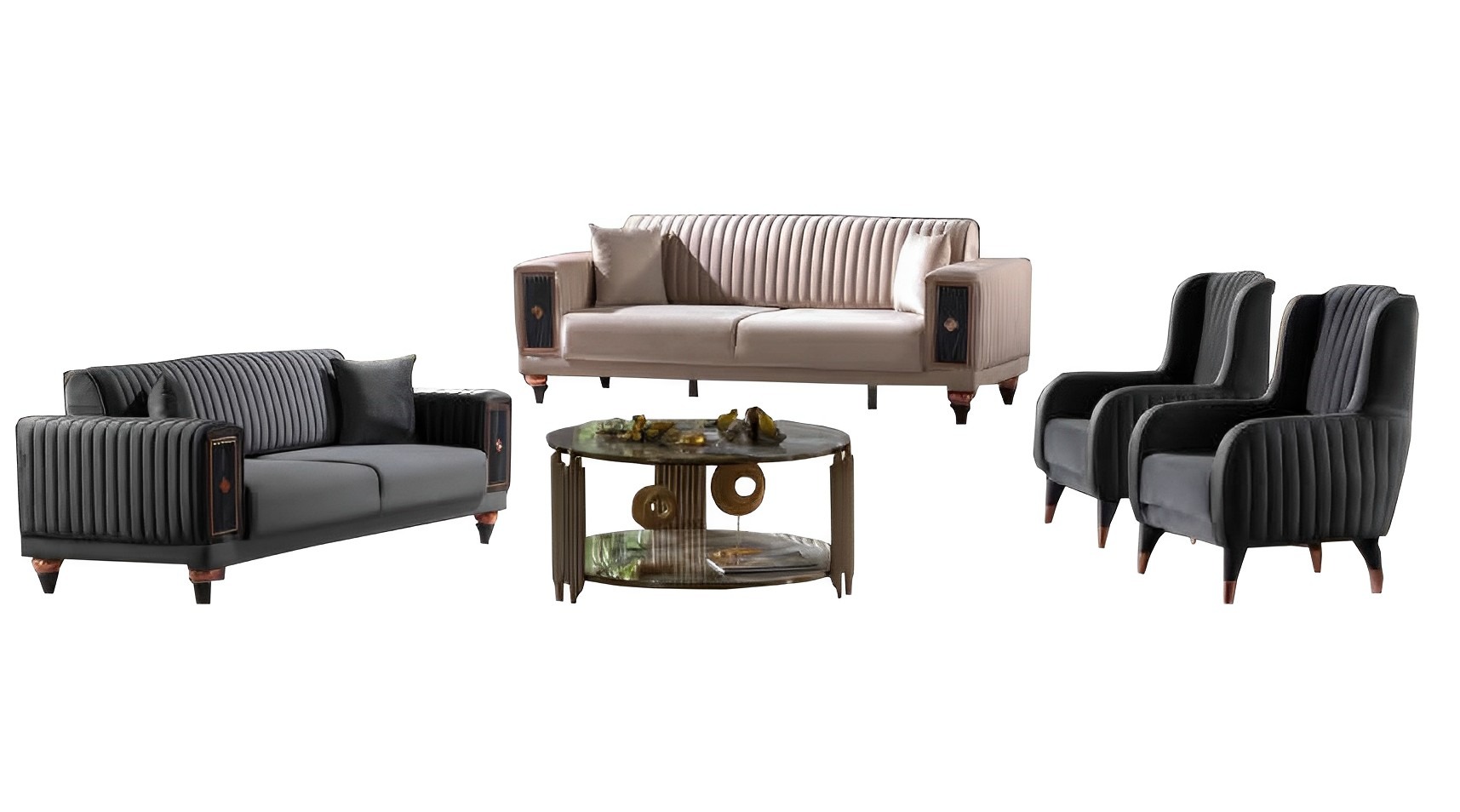 Sofagarnitur Beige-Schwarz Designer 2x Dreisitzer Polstersessel Luxus Möbel