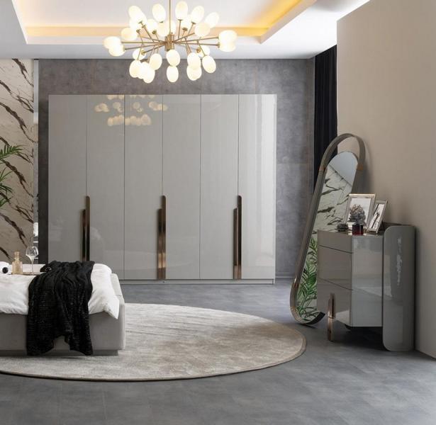 Kommode Standspiegel Kleidershrank Hochglanz Edelstahl Schlafzimmer Grau