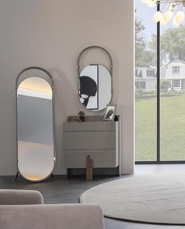 Kommode Oval Spiegel Standspiegel Schubladenschrank Hochglanz Edelstahl