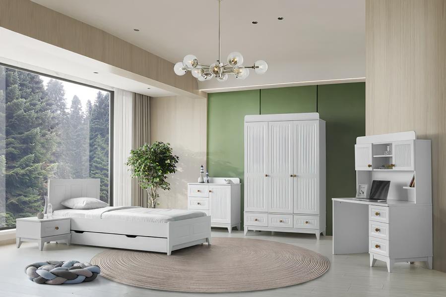 Set Bett Nachttisch Kommode Kleiderschrank Schreibtisch Modern 5-teilig Möbel
