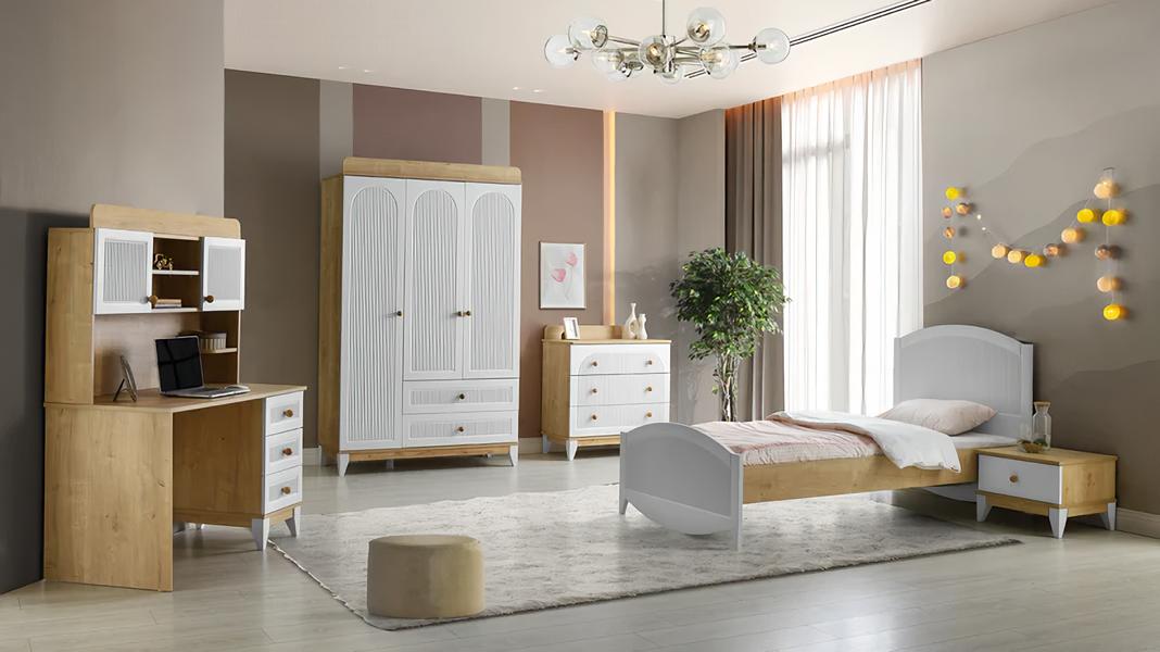 Set Bett Nachttisch Kommode Kleiderschrank und Schreibtisch Schlafzimmer 5tlg