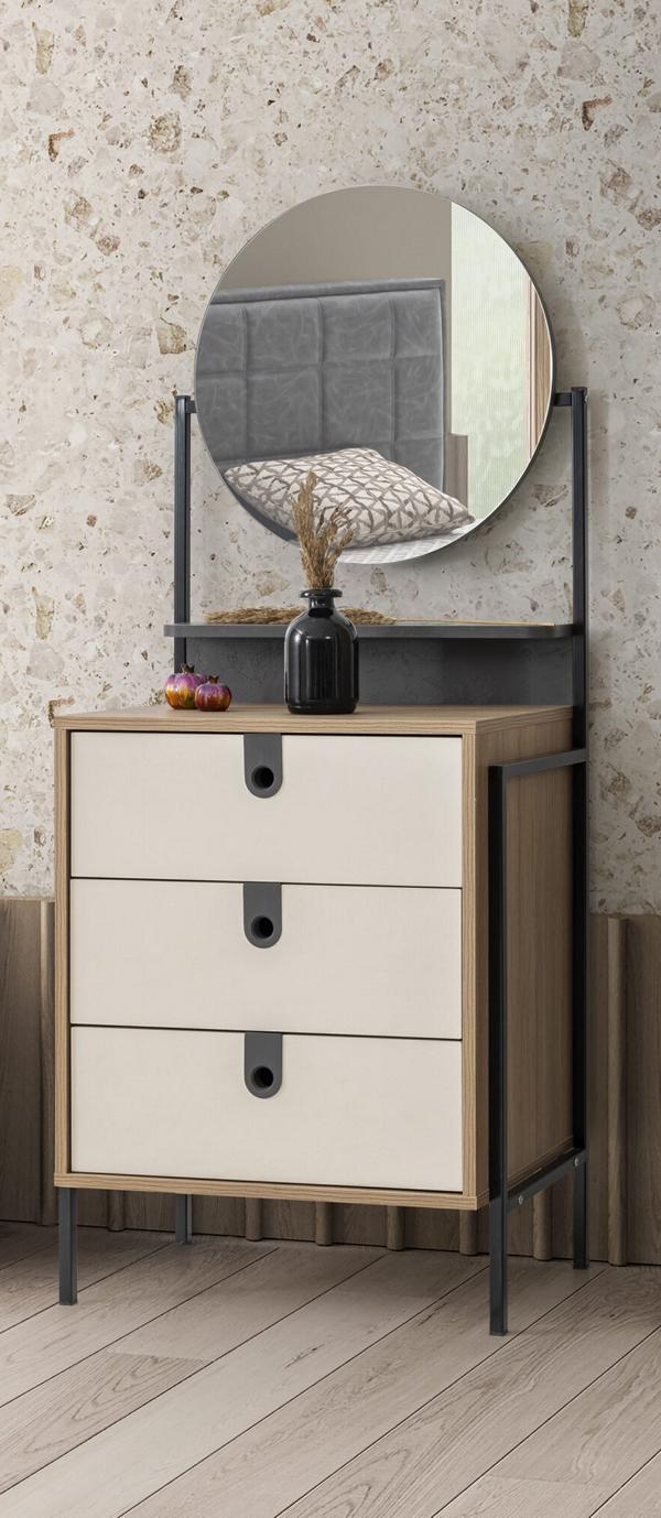 Stilvolle Kommode mit Spiegel und drei Schubladen in Holzoptik und Creme