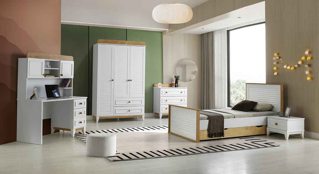 Garnitur Kinderzimmer Bett Kinderbett Kindermöbel Weiß Holz Set 5tlg