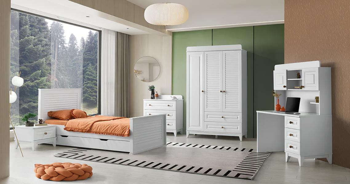 Kinderzimmer Set Bett Nachttisch Kommode Kleiderschrank Schreibtisch 5tlg.
