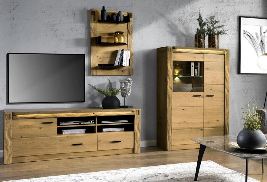 Wohnzimmer Modern Holzmöbel TV-Lowboard Vitrine Luxuriöses Wandregal Set 3tlg