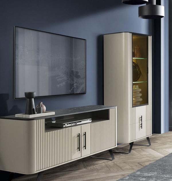 Luxuriöses Modern TV-Lowboard + Vitrine Wohnzimmer Set 2tlg Holzmöbel
