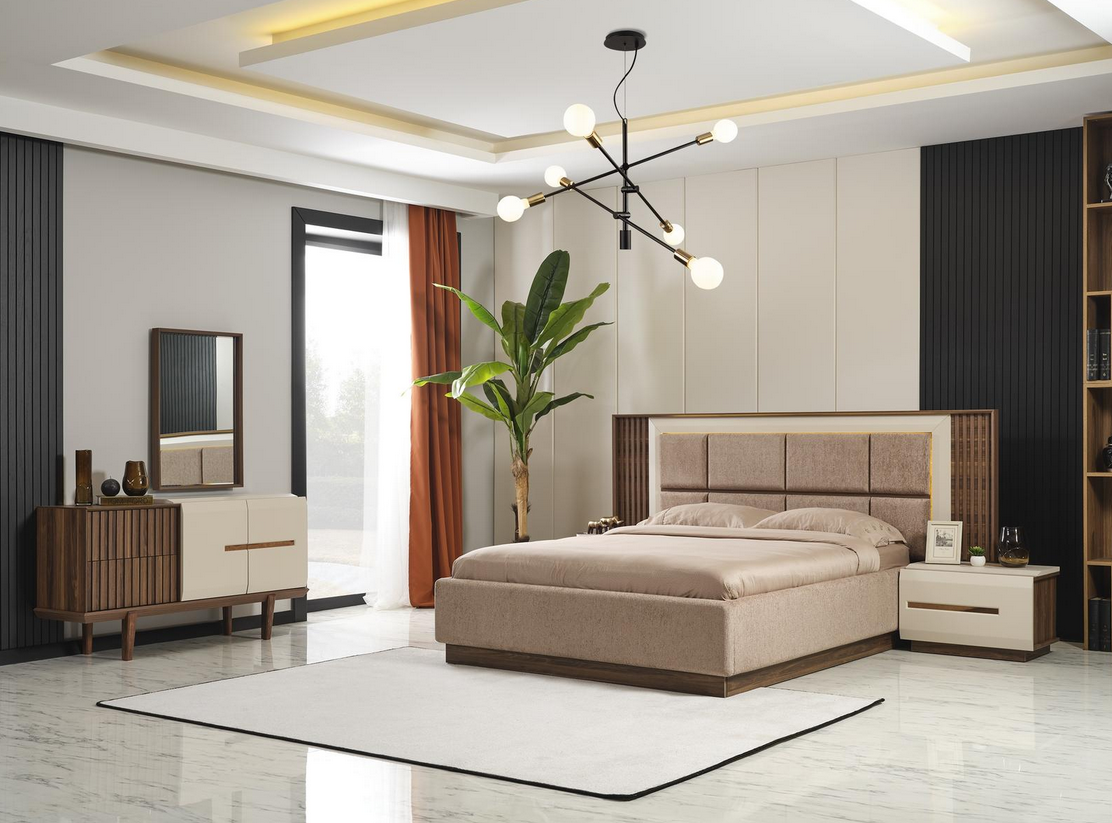 Modernes Weißes Braunes Schlafzimmer Set Doppelbett Deluxe Nachttische