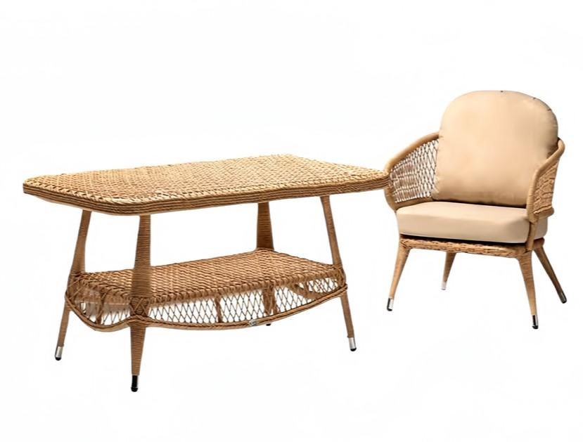 Sessel Couchtisch Garnitur Beige Terrasse Modern Sitzer Rattan stilvoll Set