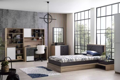 Kinderbett Kindermöbel Garnitur Kinderzimmer Bett Holz Grau Set 7tlg