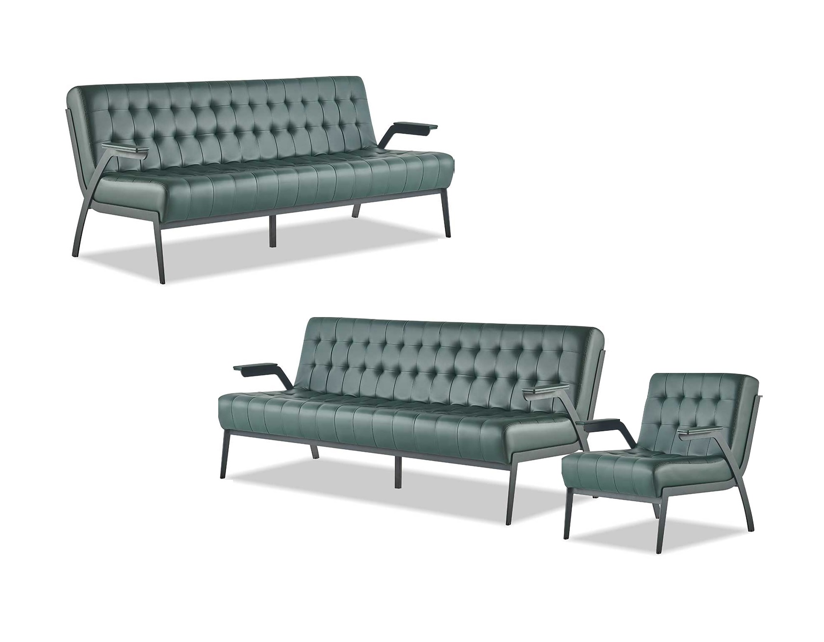Sitzmöbel-Set 3-Sitzer Sessel Grün Edelstahl Modern Leder Chesterfield
