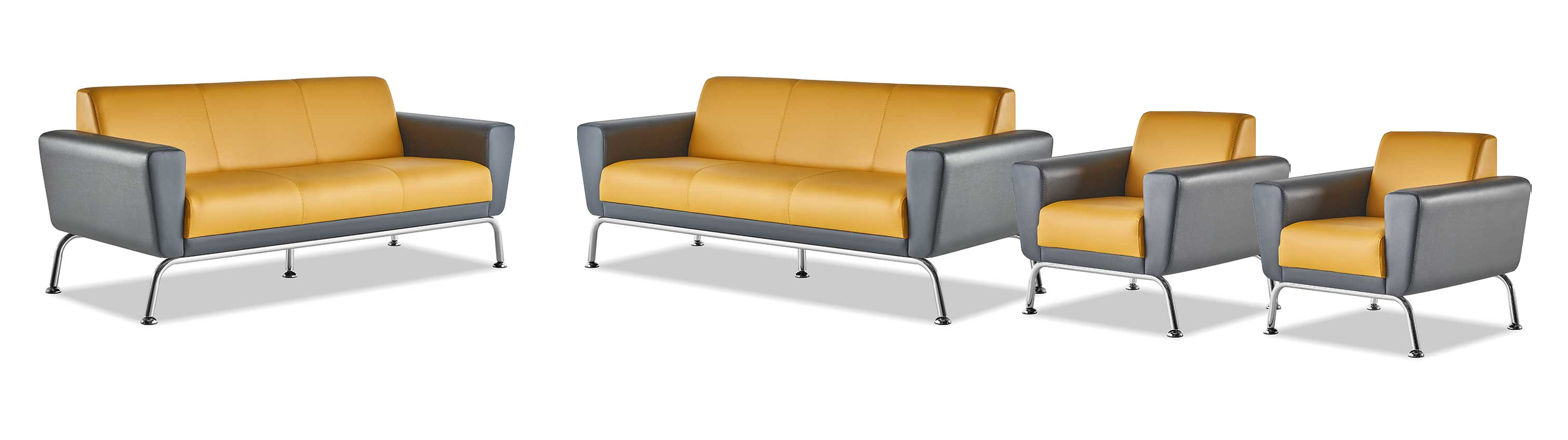 Sofagarnituren 3-Sitzer Sessel Gelb Grau Leder Edelstahl Modern Set