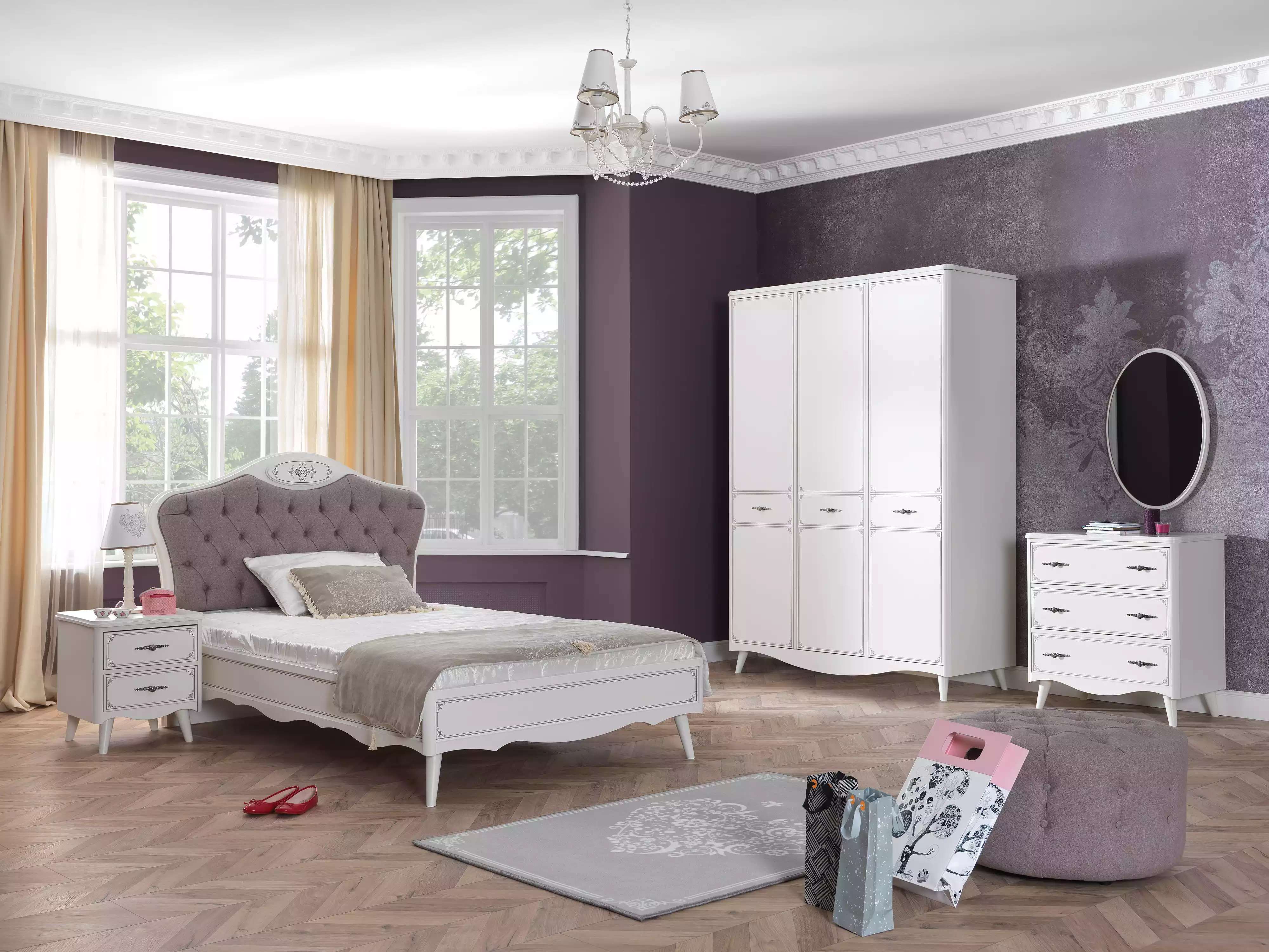 Chesterfield Jugendbett Bett 120 cm Kinderzimmer Set 5tlg Grau Stoff