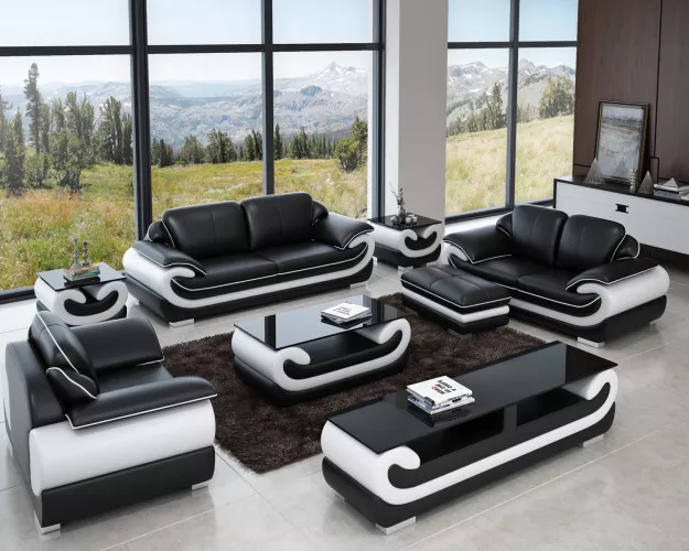 Klassische Ledersofa Garnitur Komplett Set 8 tlg. Wohnzimmer Set Tisch Hocker Sofort