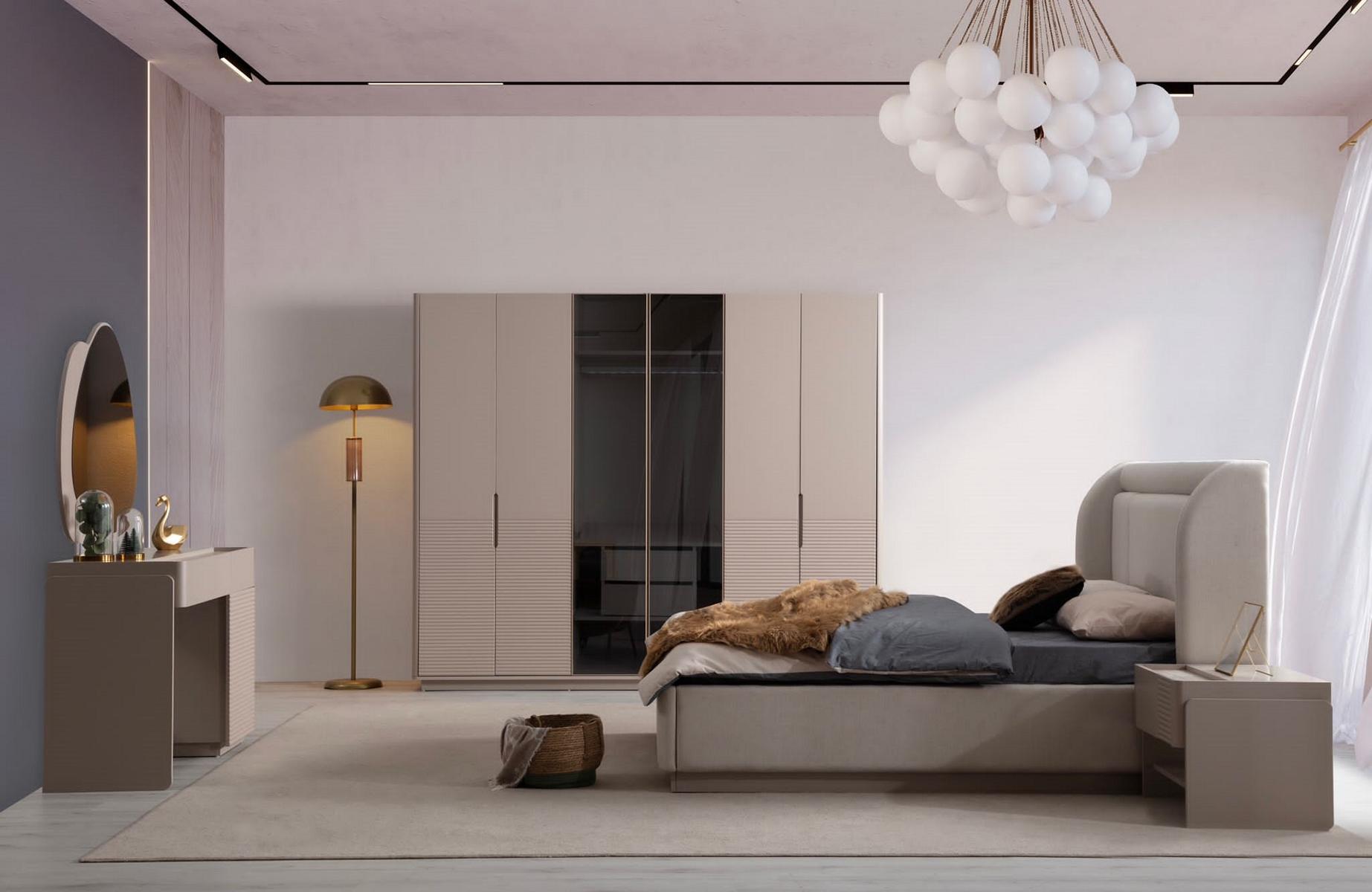 Designer Beiges Schlafzimmer Set Bett 2x Nachttische Kleiderschrank 5tlg Sofort