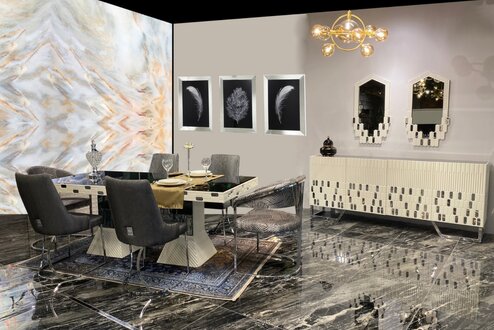 Esszimmer Set Luxus Design Esstische 4x Stühle Kommode mit Spiegel Neu