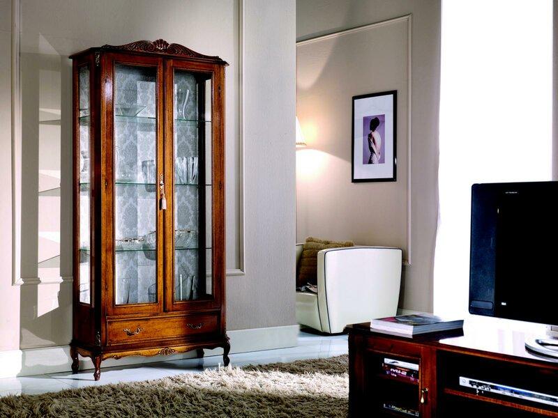 Designer Luxus Holz Vitrine Braun 2 Glas Türen 1 Schublade Italienische Möbel