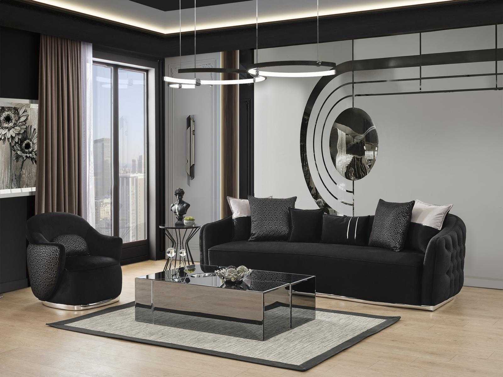 Sofagarnitur Sofa 4 Sitzer Sessel Viersitzer Stoff Schwarz Polyester