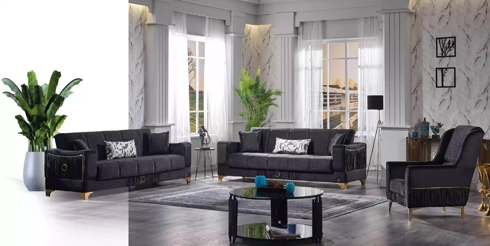 Schwarze Sofagarnitur 3+3+1 Sitzer Couchen Stoff Sitzmöbel Sessel Sofa