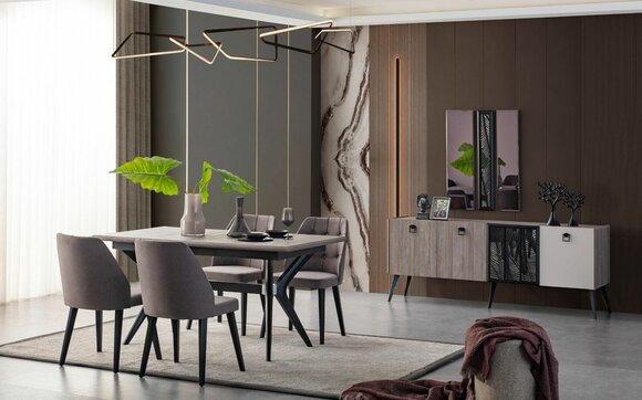 Essgruppe Essecke Esstisch Stühle Holz Grau Esszimmer 9tlg Anrichte