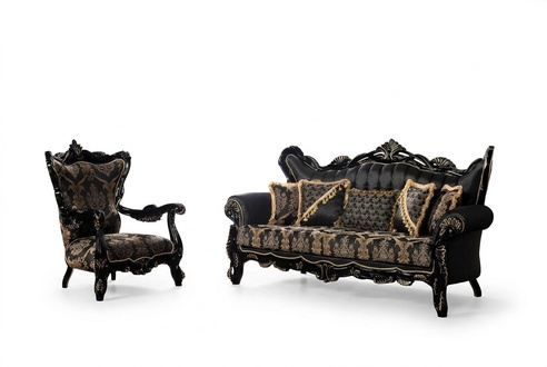 2tlg.Sofagarnitur für das Wohnzimmer 3+1Sitzeschwarzes Sofa und SesselGoldmuster