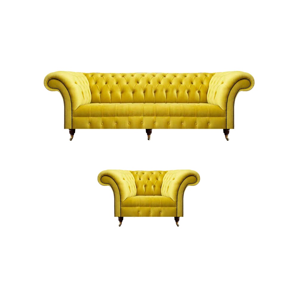 Gelbe Chesterfield Couchen Designer Wohnzimmer Sofagarnitur Sessel 3-er