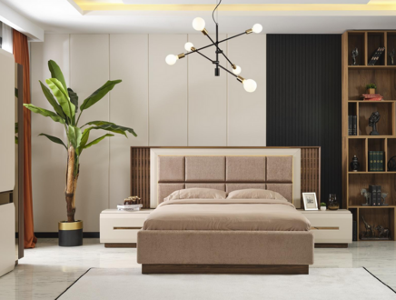 Modernes Hellbraunes Schlafzimmer Set Doppelbett Nachttische Nachtkonsolen