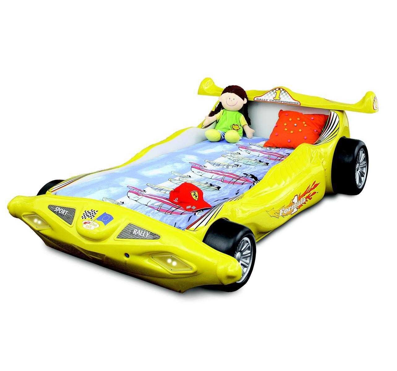 Gelbes Designer Rennauto Kinder Bett Bettgestelle Luxus Holz Kinderzimmer
