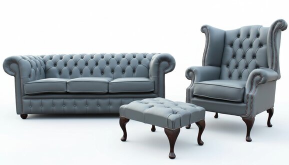 3 Sitzer Couch Ledersofa Chesterfiield + Ohrensessel Hocker 3 tlg.