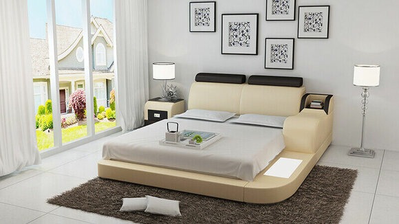 Design Bett XXL Big Betten Leder Hotel Polster 160x200cm Multifunktion Regal USB
